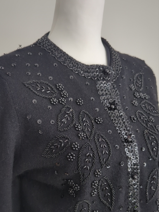 Vintage Sweaters - Vintage Black Beaded Leaf-Embellished Cardigan